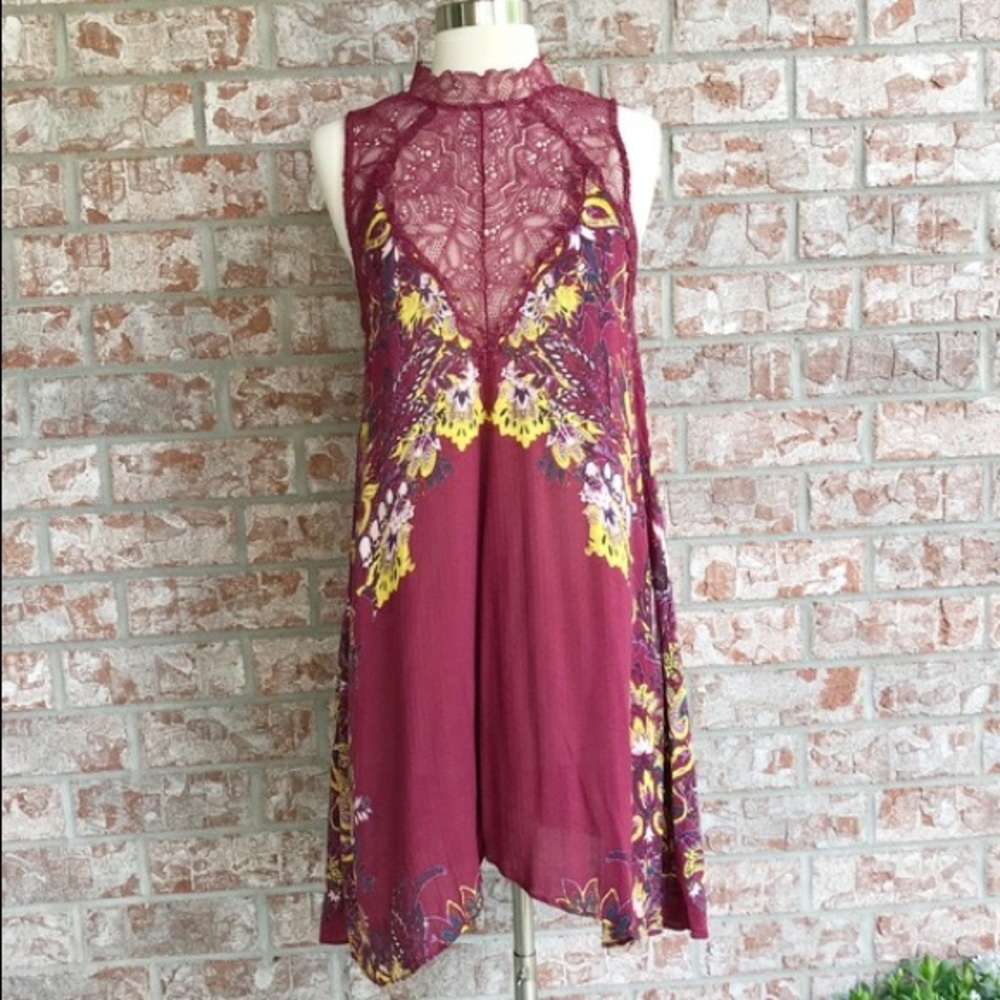 Free People Marsha Printed Slip Dress Wine Size L